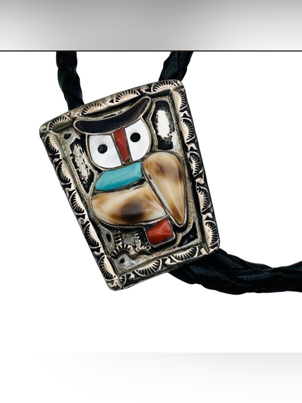 Signed 1950s Zuni Sterling Multi-Stone Mosaic Inlay Owl Bolo Tie Bennett Clasp